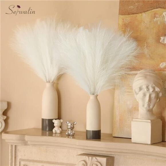 White Pampas Grass Decor,17.7 Inch 6pcs Boho Decor,Faux Pampas Grass Living Room - Picture 4 of 8